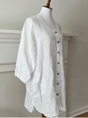 Plus Size Top Solid White Linen 1X Vintage Shirt Lagenlook Tunic Blouse Relaxed